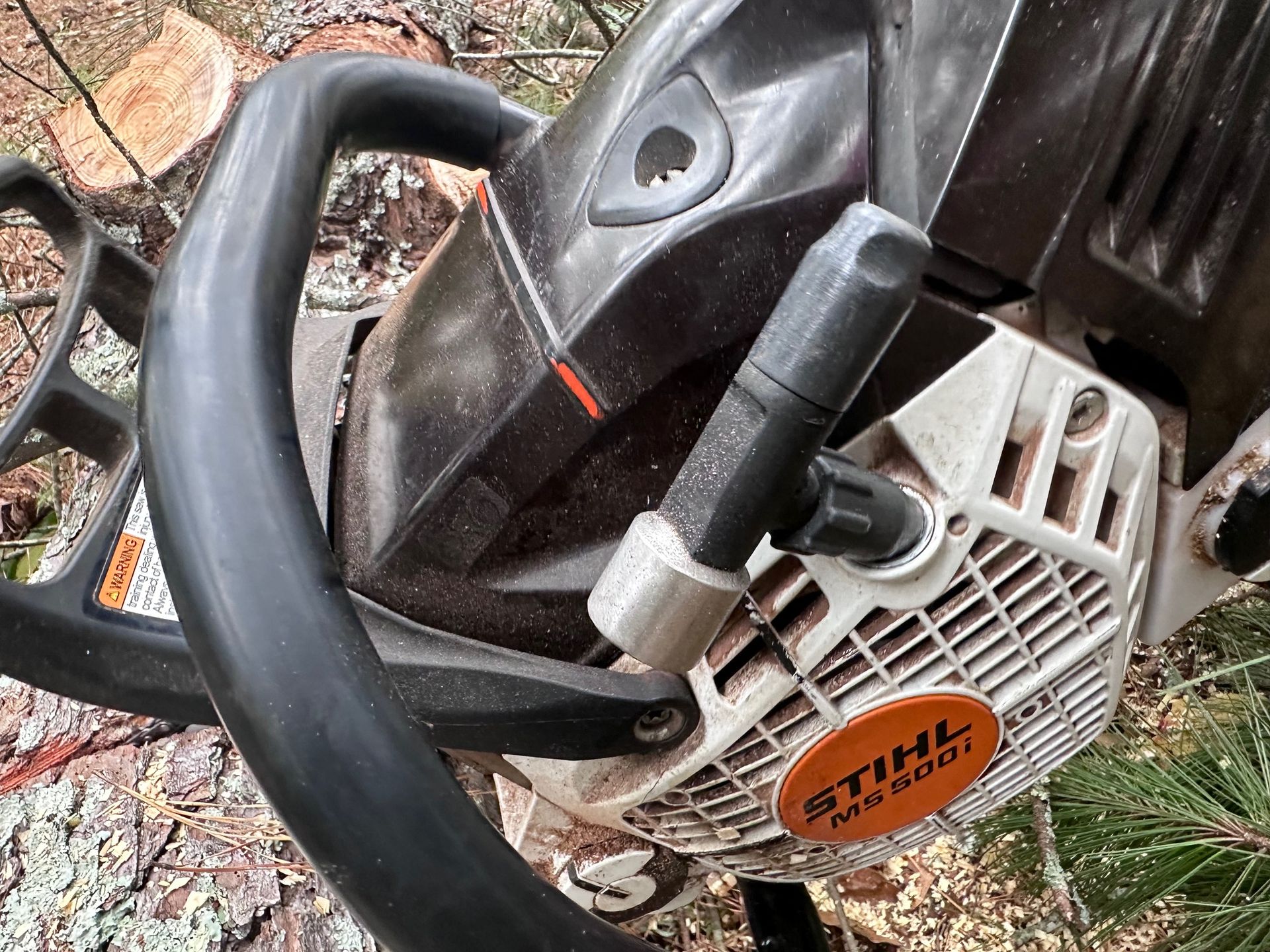A person is holding a chainsaw in a forest.