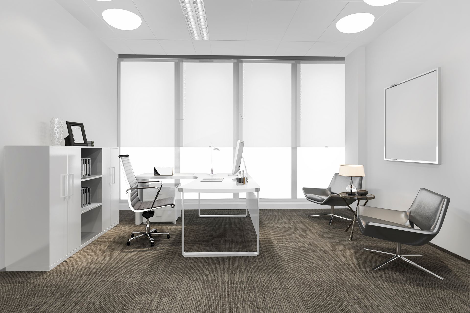 Modern office conference room with glass table, chairs, shelving, and bright windows