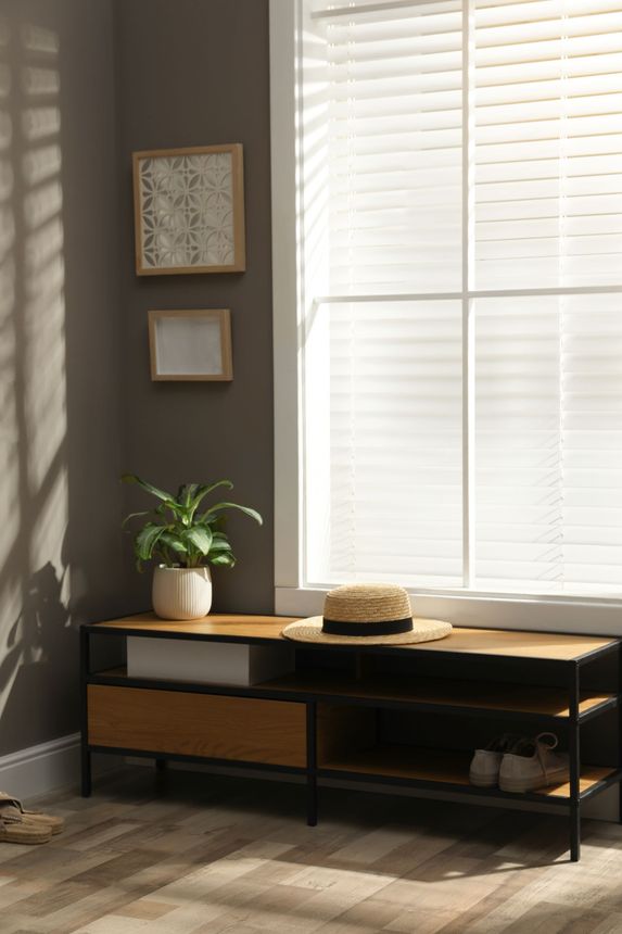 Sunlit room with a black console table, potted plant, woven tray, and framed wall art by a window.