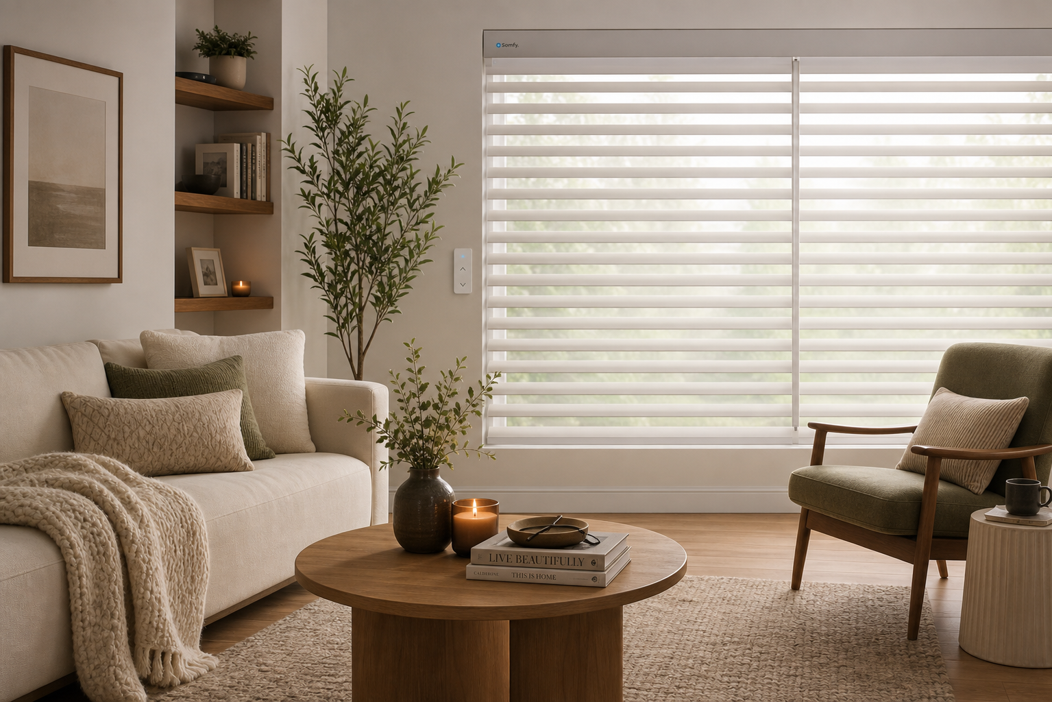 Cozy beige living room with sofa, armchair, round coffee table, and large window blinds