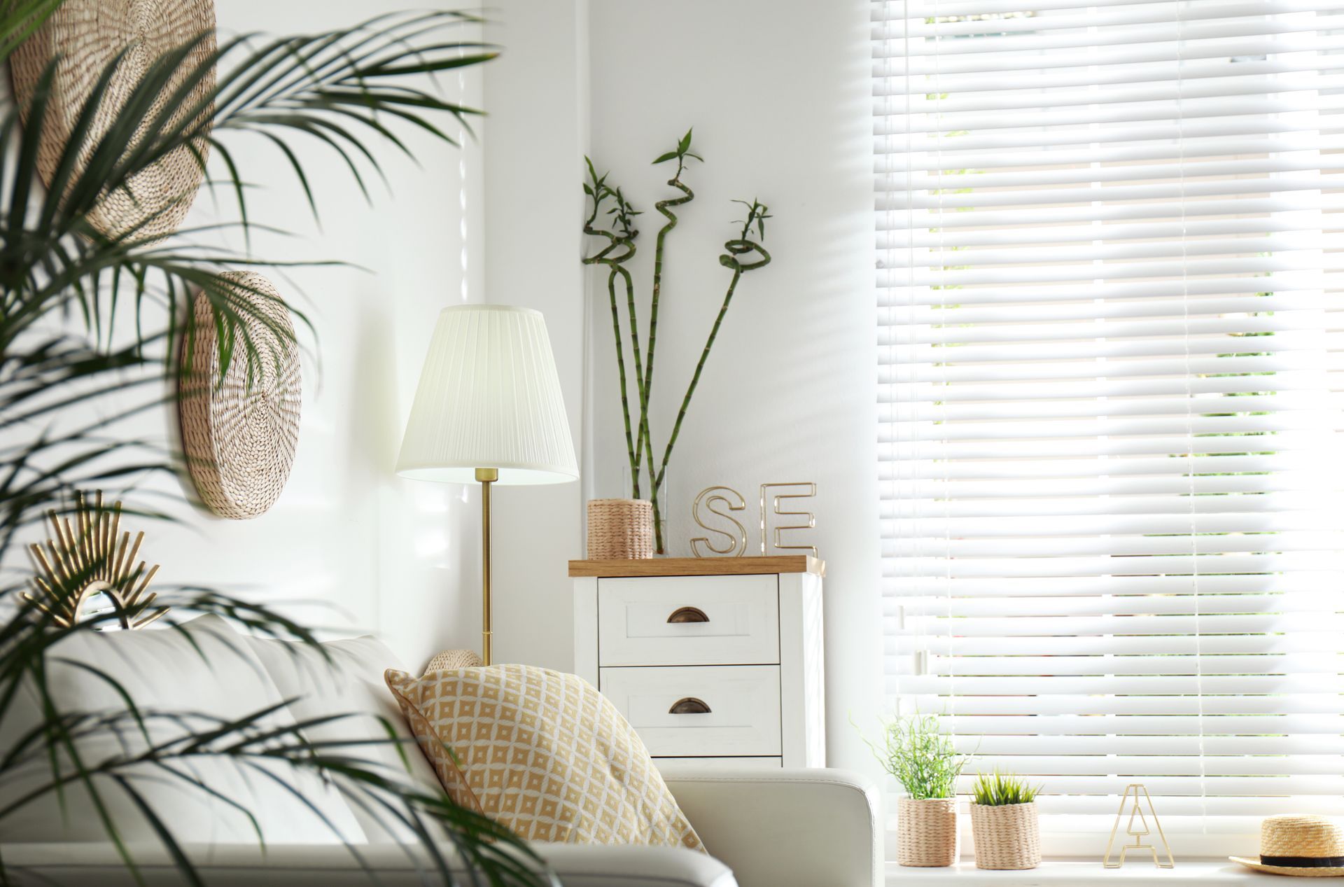 Bright living room corner with white blinds, lamp, plant, chair, and small dresser with decor