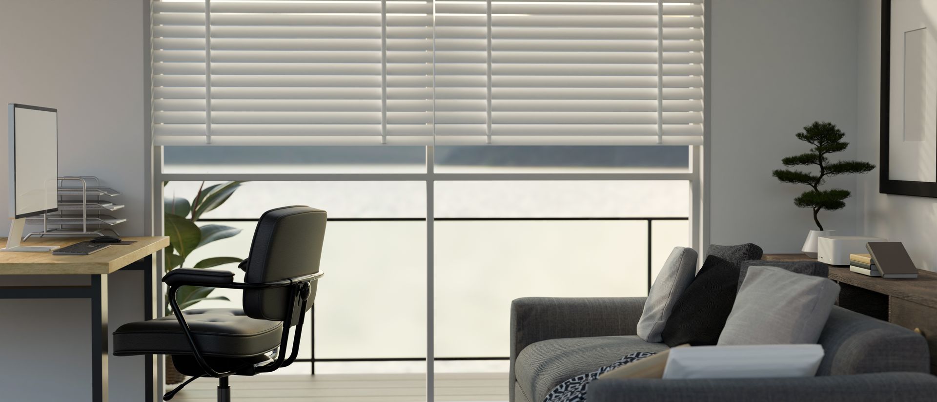 Minimalist living room with desk, chair, sofa, and large window blinds