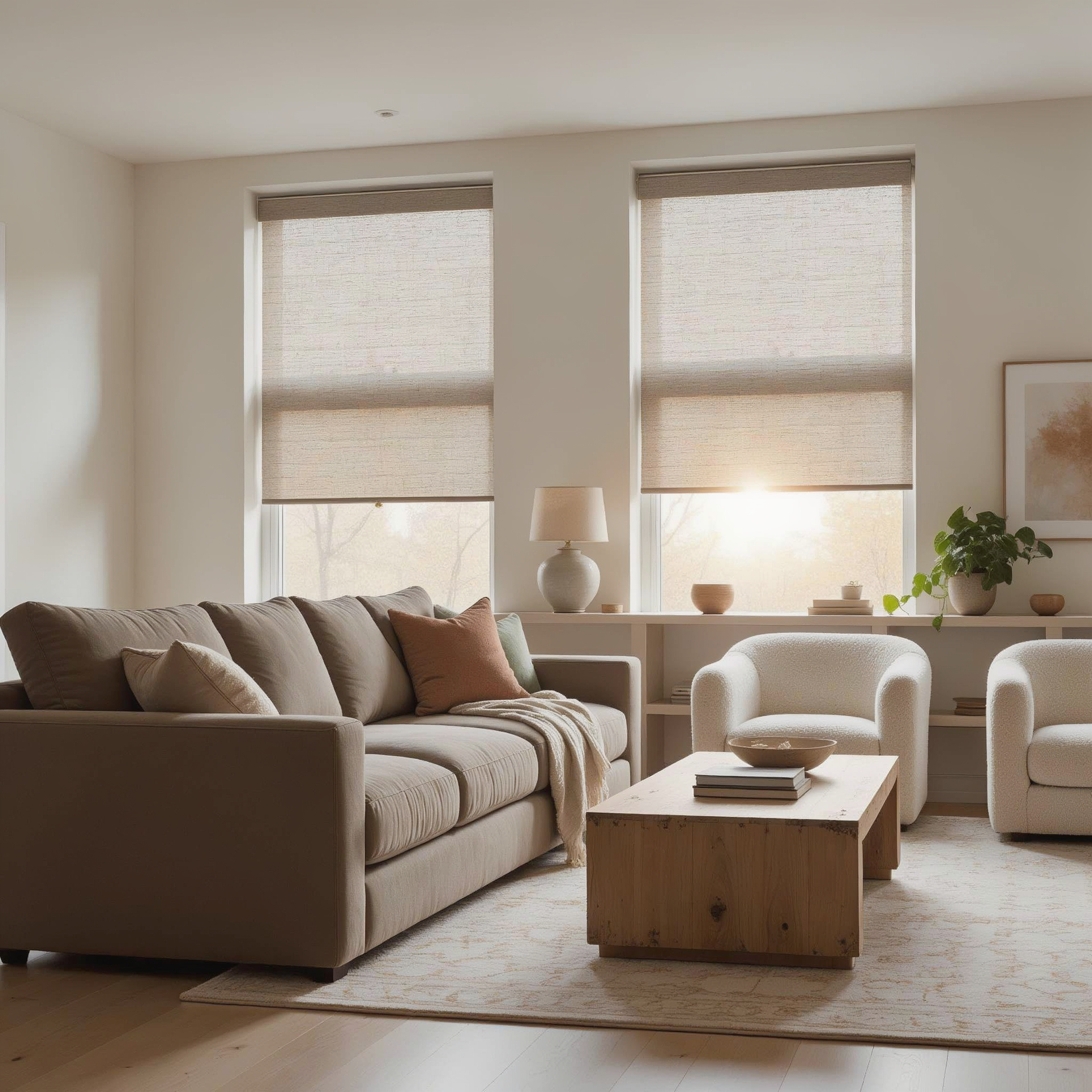 Cozy beige living room with sofa, armchairs, coffee table, rug, and two sunlit windows with blinds Cozy beige living room with sofa, armchairs, coffee table, rug, and two sunlit windows with blinds