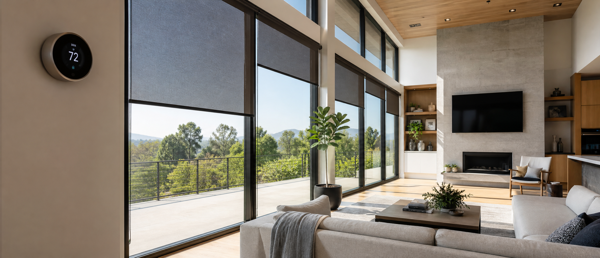 Modern living room with floor-to-ceiling windows, fireplace, wall-mounted TV, and outdoor view Modern living room with floor-to-ceiling windows, fireplace, wall-mounted TV, and outdoor view