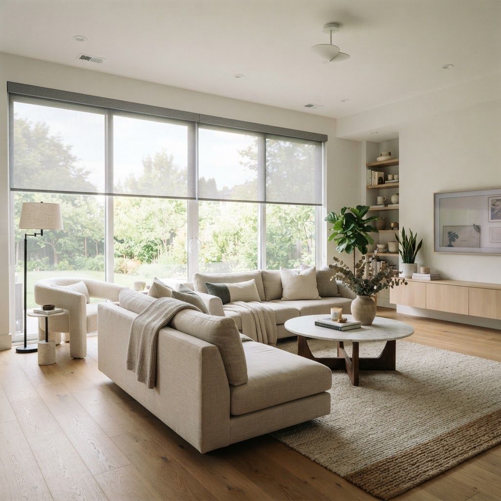 Bright, airy living room with large windows, beige sofa, round coffee table, rug, and wood flooring Bright, airy living room with large windows, beige sofa, round coffee table, rug, and wood flooring