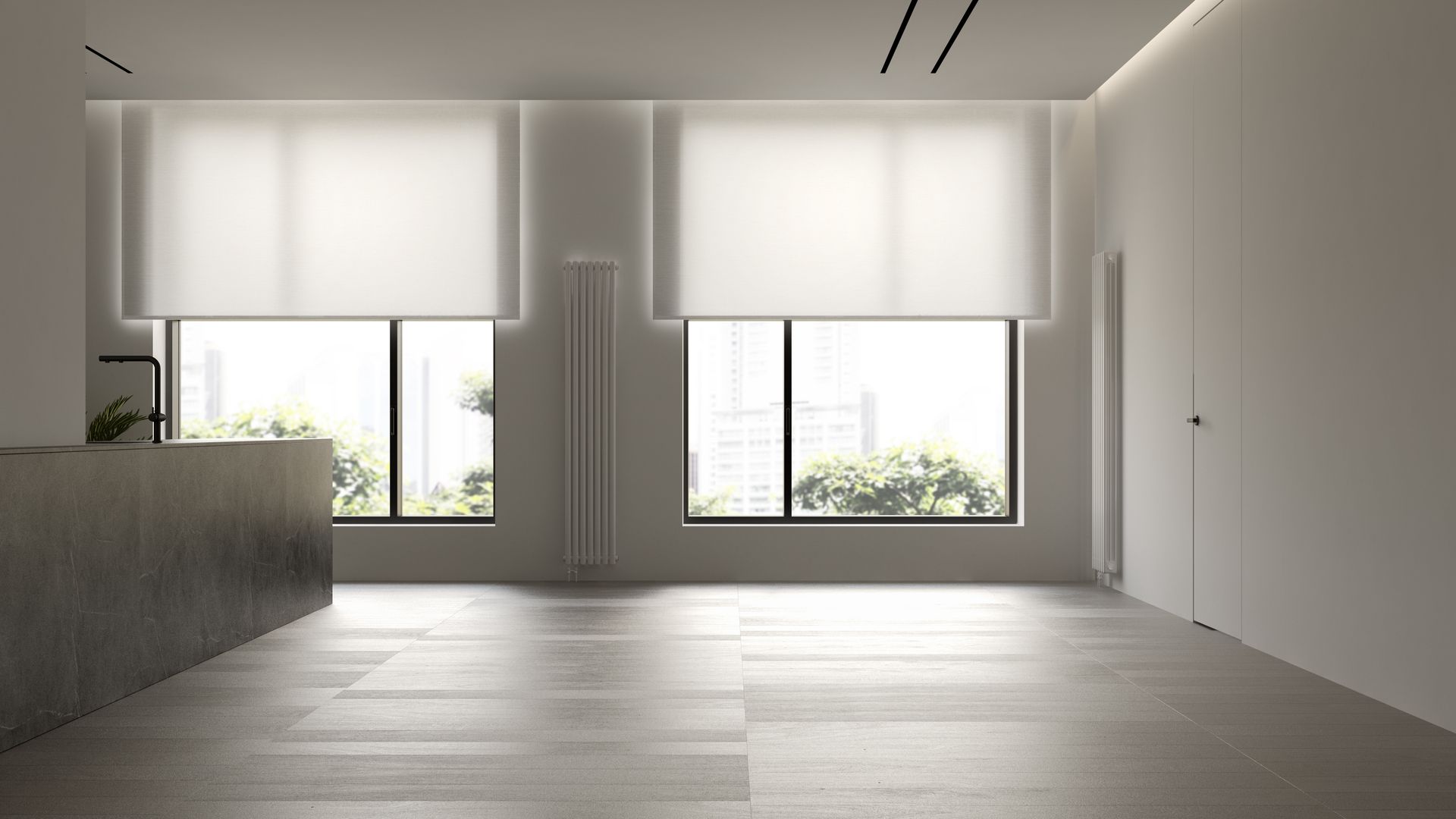 Minimalist empty room with large windows, white blinds, and light wood flooring.