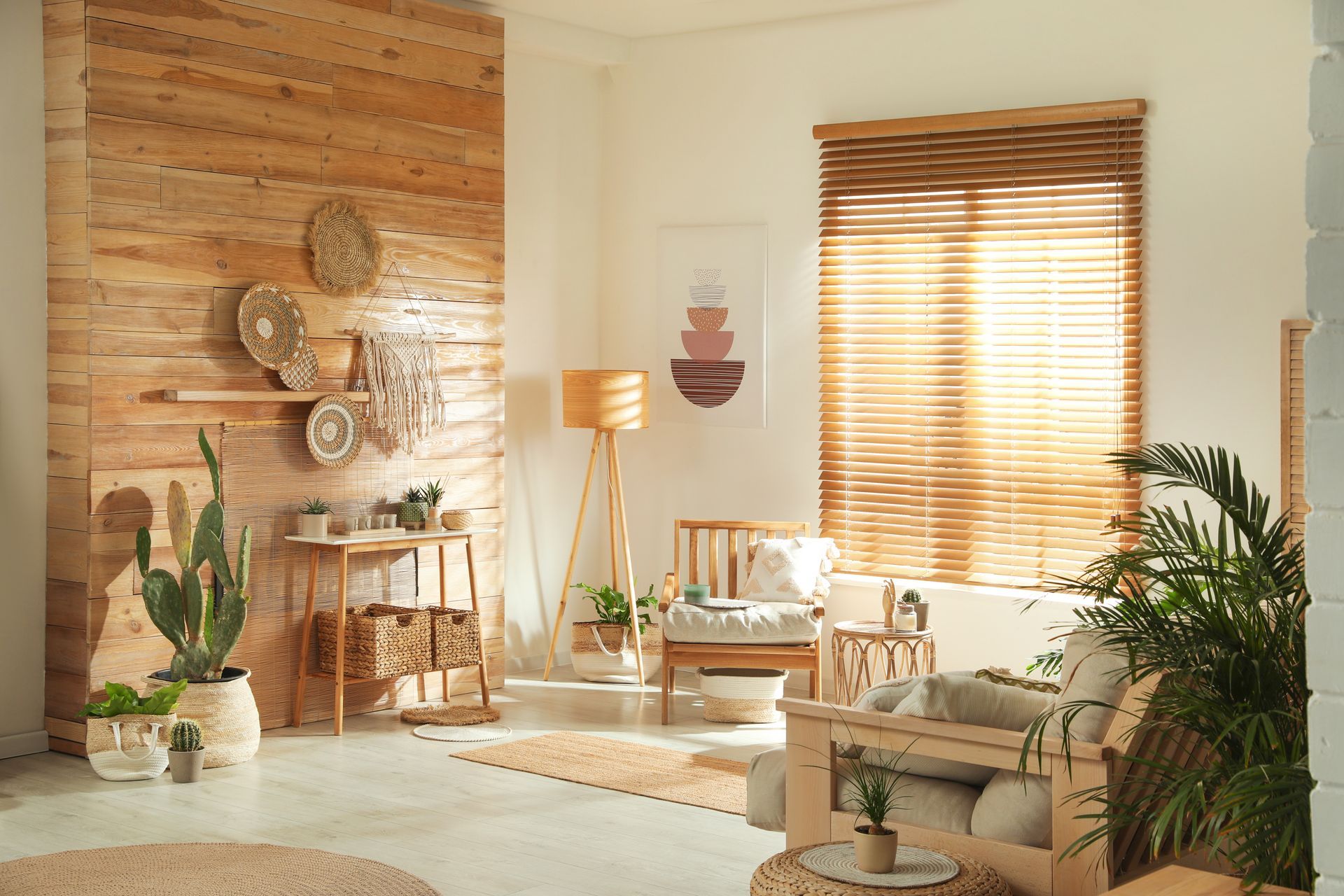 Sunlit boho living room with woven decor, plants, wooden furniture, and blinds over a cozy neutral sofa. Sunlit boho living room with woven decor, plants, wooden furniture, and blinds over a cozy neutral sofa.