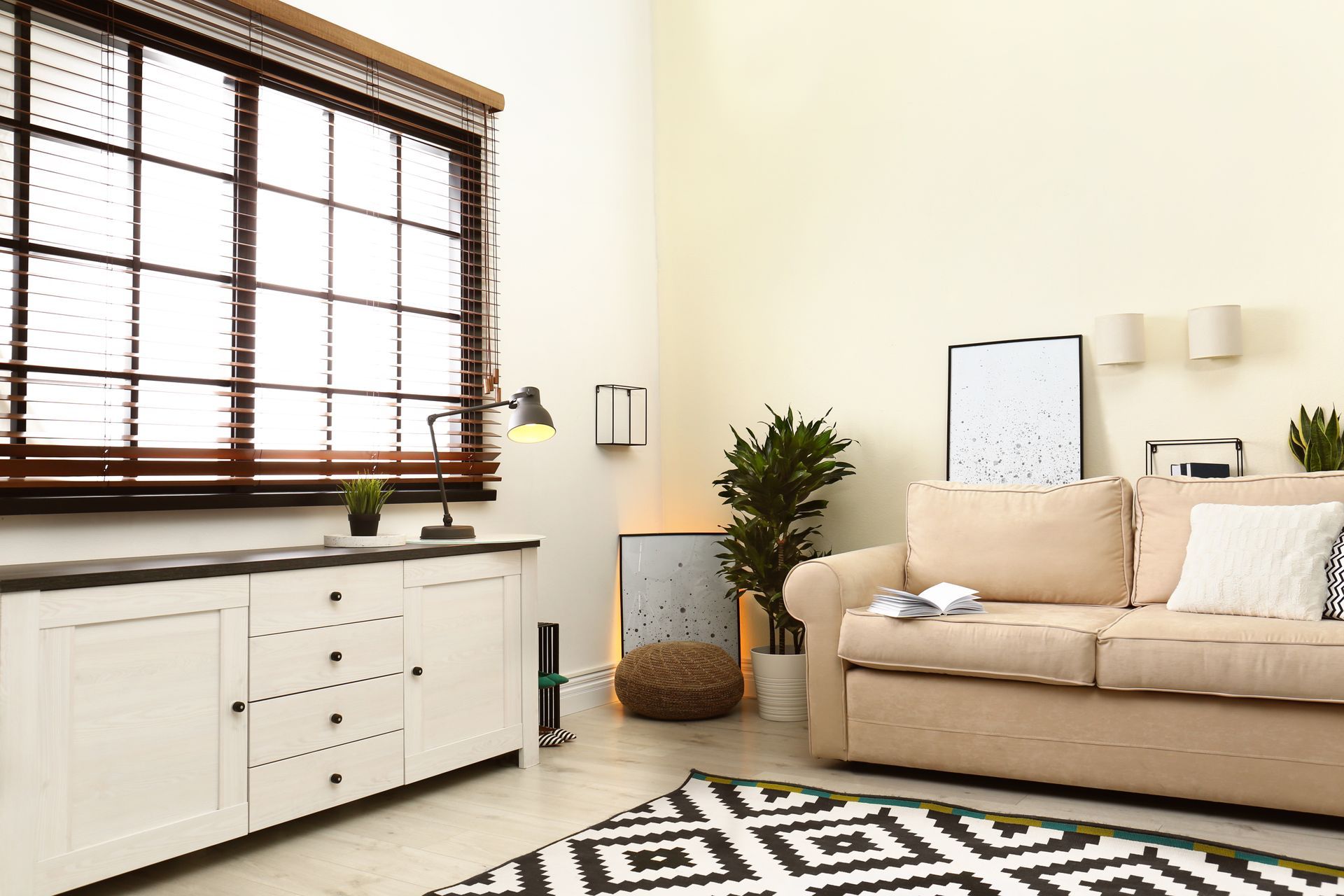 Bright living room with a beige sofa, window seat, white cabinet, plant, and black-and-white rug.