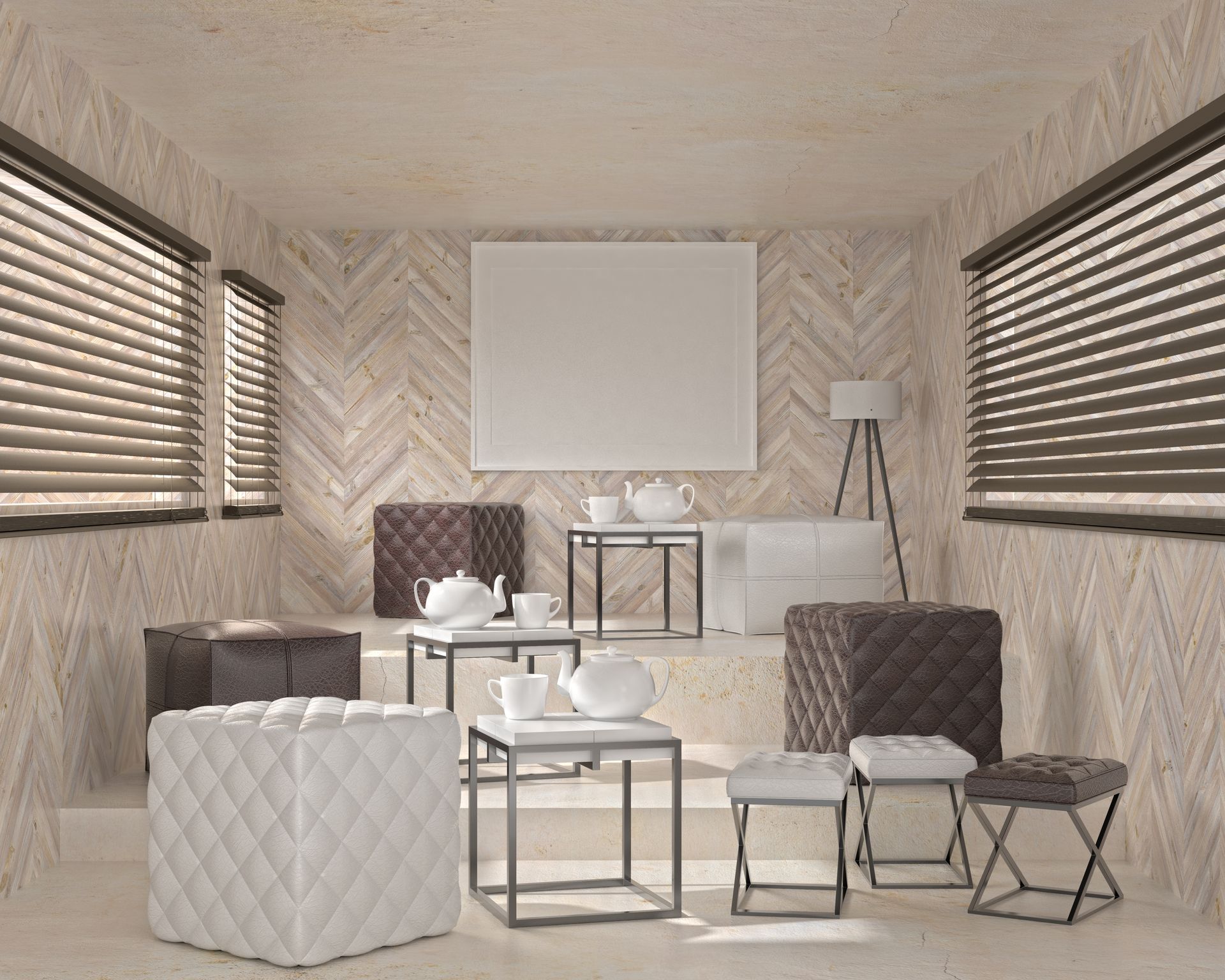 Modern neutral living room with patterned walls, blinds, and several white and gray chairs and tables.