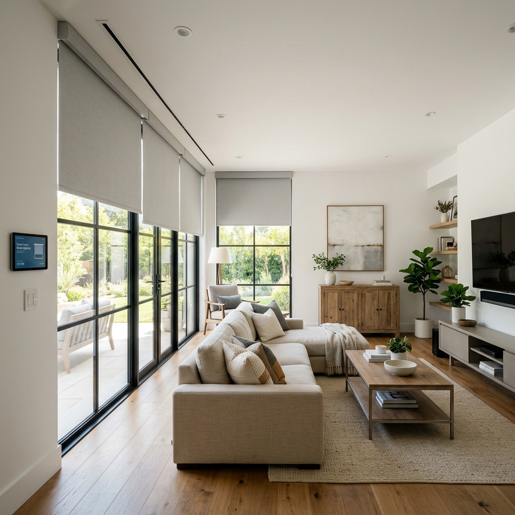 Bright modern living room with beige sectional, large windows, and sliding glass doors to a patio Bright modern living room with beige sectional, large windows, and sliding glass doors to a patio