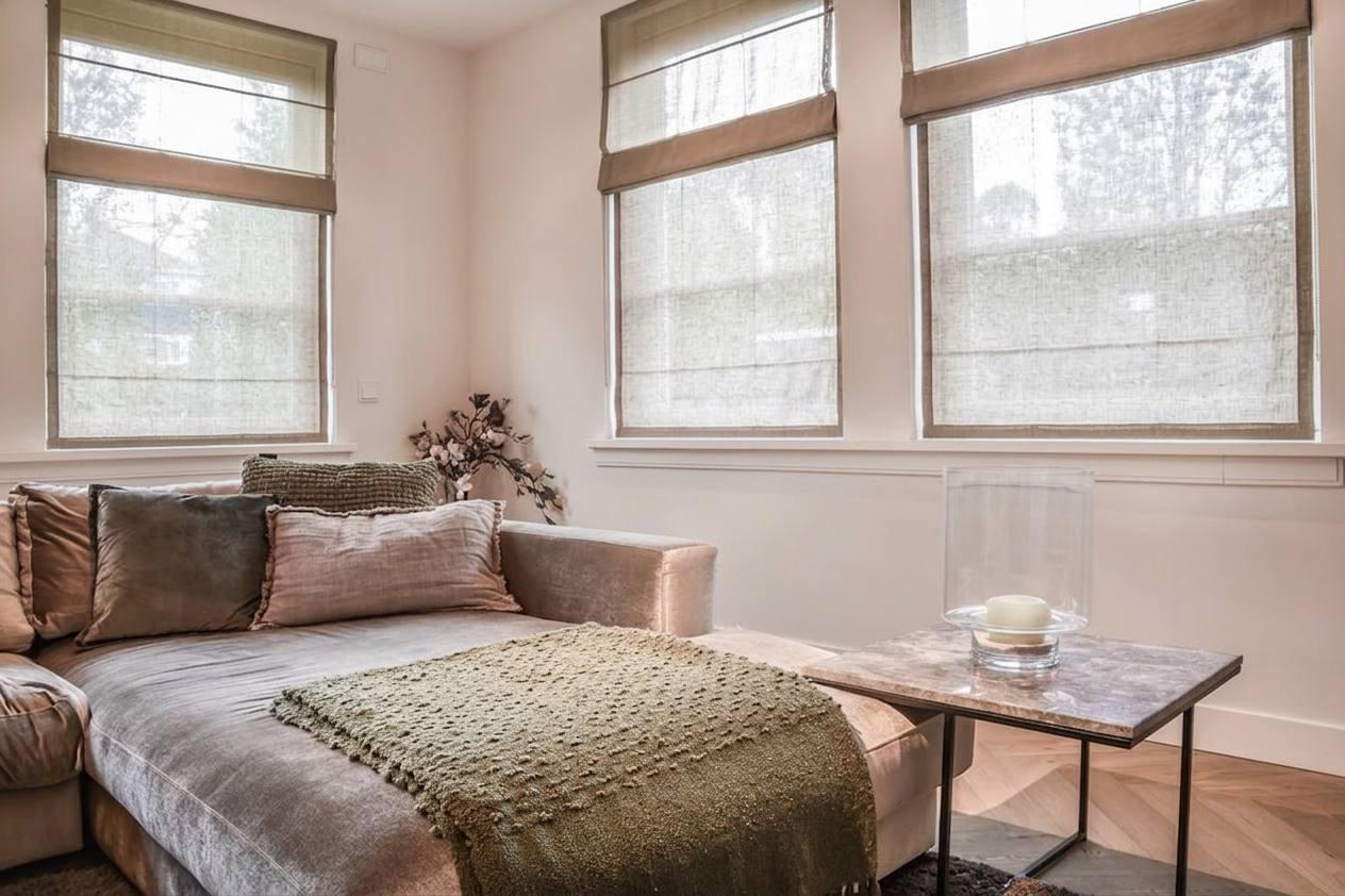 Cozy bedroom corner with bed, brown pillows, green throw, and sunlit windows with blinds Cozy bedroom corner with bed, brown pillows, green throw, and sunlit windows with blinds