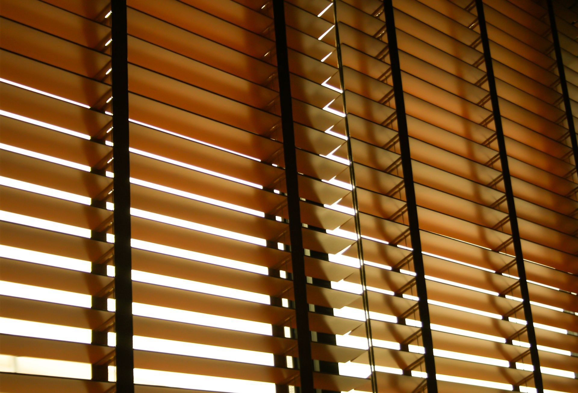 Wooden window blinds with warm sunlight filtering through slats Wooden window blinds with warm sunlight filtering through slats
