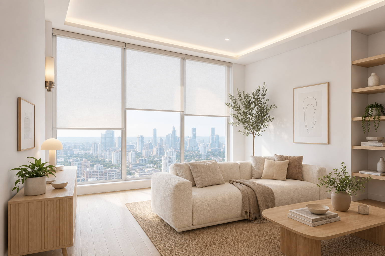 Bright modern living room with beige sofa, wood accents, plants, and city view through large windows Bright modern living room with beige sofa, wood accents, plants, and city view through large windows