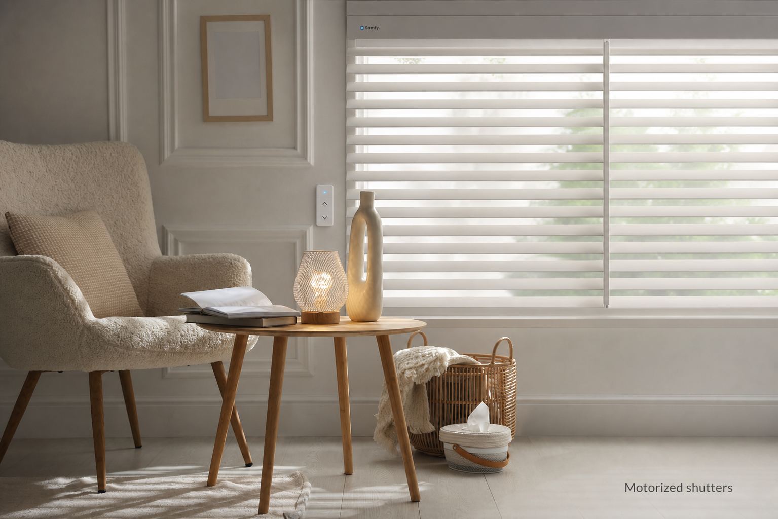 Cozy beige living room with armchair, small table, lamp, and white blinds in soft daylight