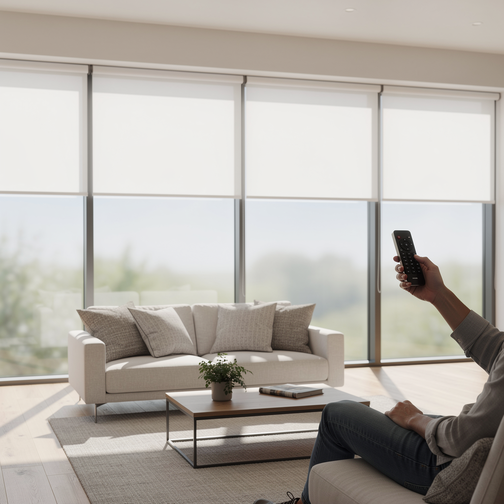 Person relaxing on a couch in a bright living room, holding a remote toward the window blinds.
