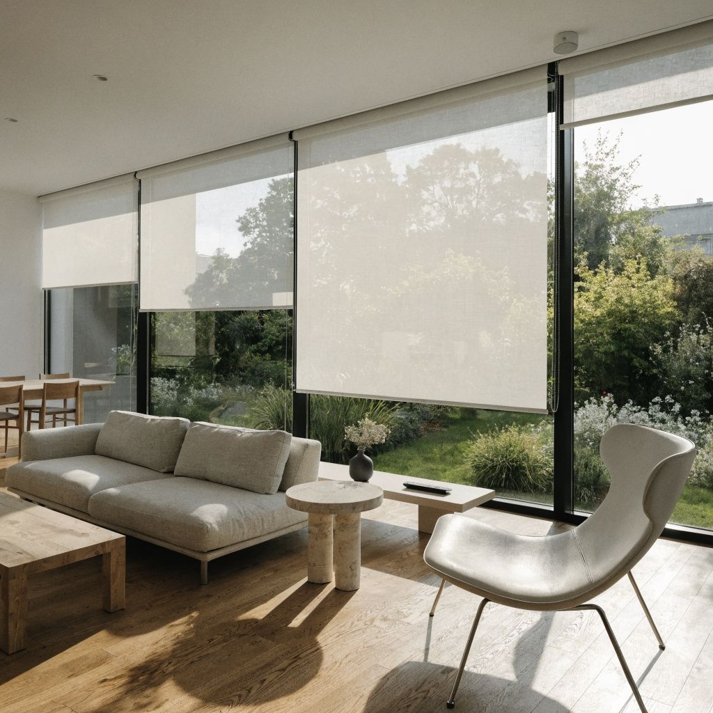 Modern living room with sofa, lounge chair, and wooden tables beside large windows with white blinds.