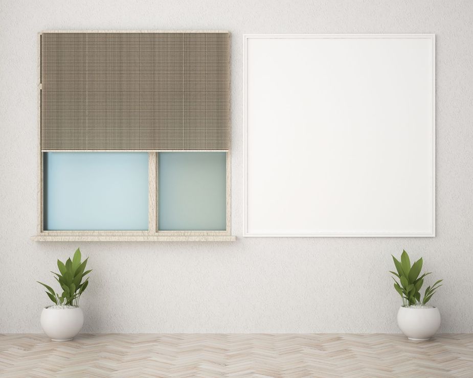Minimalist room wall with two small windows, blinds, and potted plants on the floor Minimalist room wall with two small windows, blinds, and potted plants on the floor