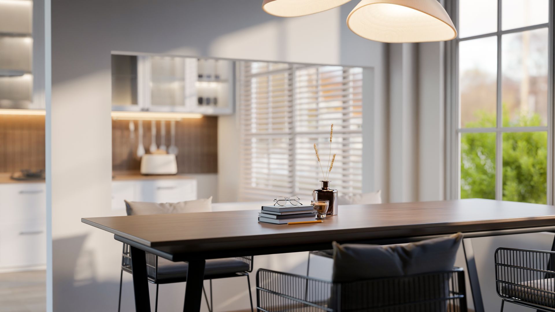 Modern dining room with a long table, black chairs, pendant lights, and large windows. Modern dining room with a long table, black chairs, pendant lights, and large windows.
