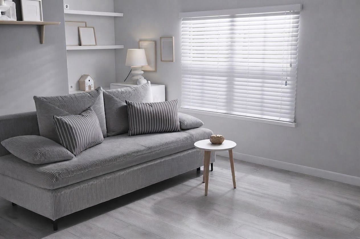 Gray bedroom with a bed, striped pillows, wall shelves, lamp, and window blinds Gray bedroom with a bed, striped pillows, wall shelves, lamp, and window blinds
