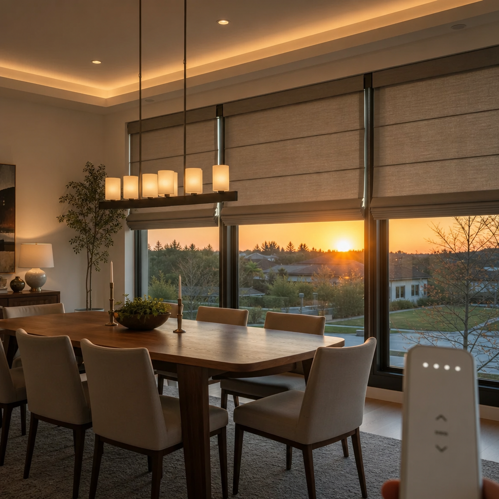 Modern dining room with a wooden table, beige chairs, and sunset view through large windows
