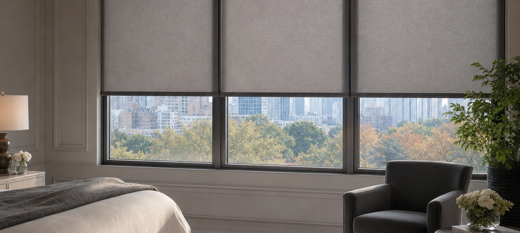 Modern bedroom with large windows, motorized roller shades, gray walls, bed, armchair, and city view.