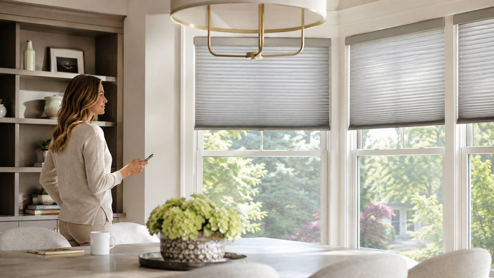 Woman standing in a bright dining room, looking at a remote control  that is lowering her window shades. 