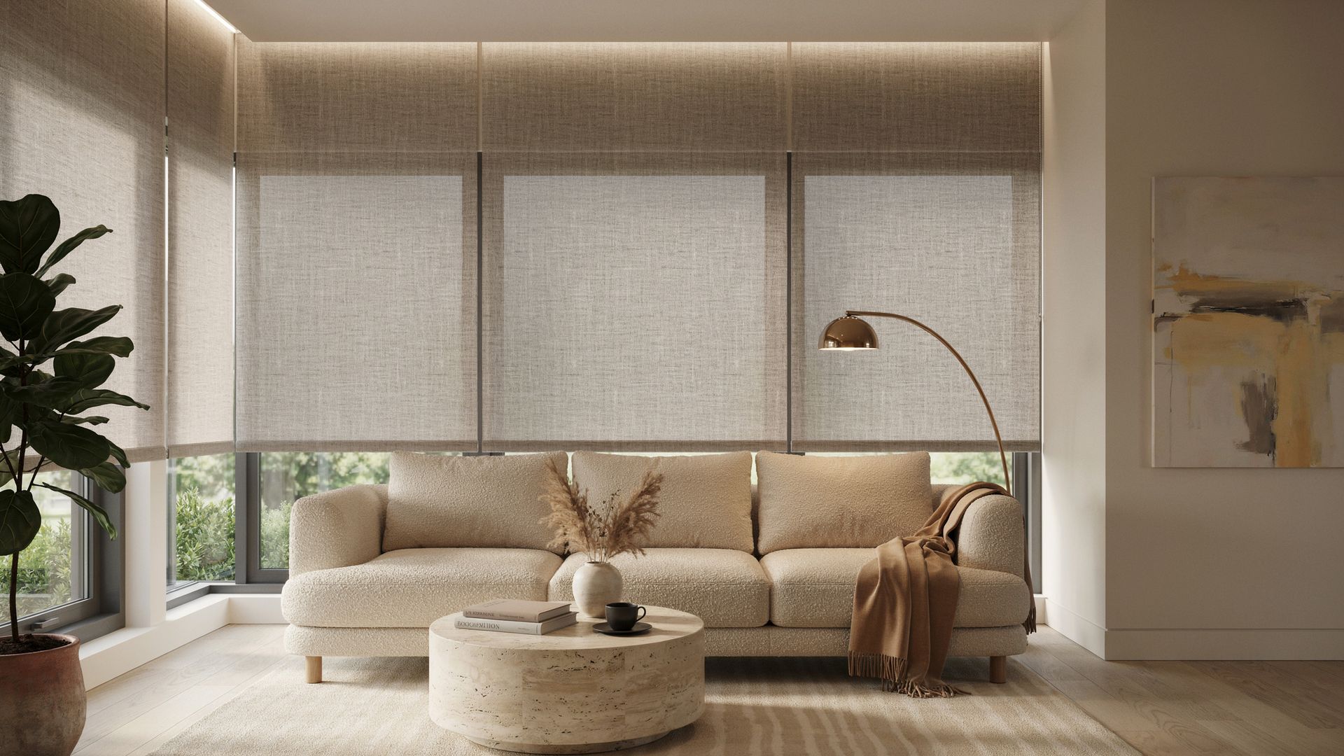 Modern beige living room with sofa, round coffee table, floor lamp, and large window roller shades.