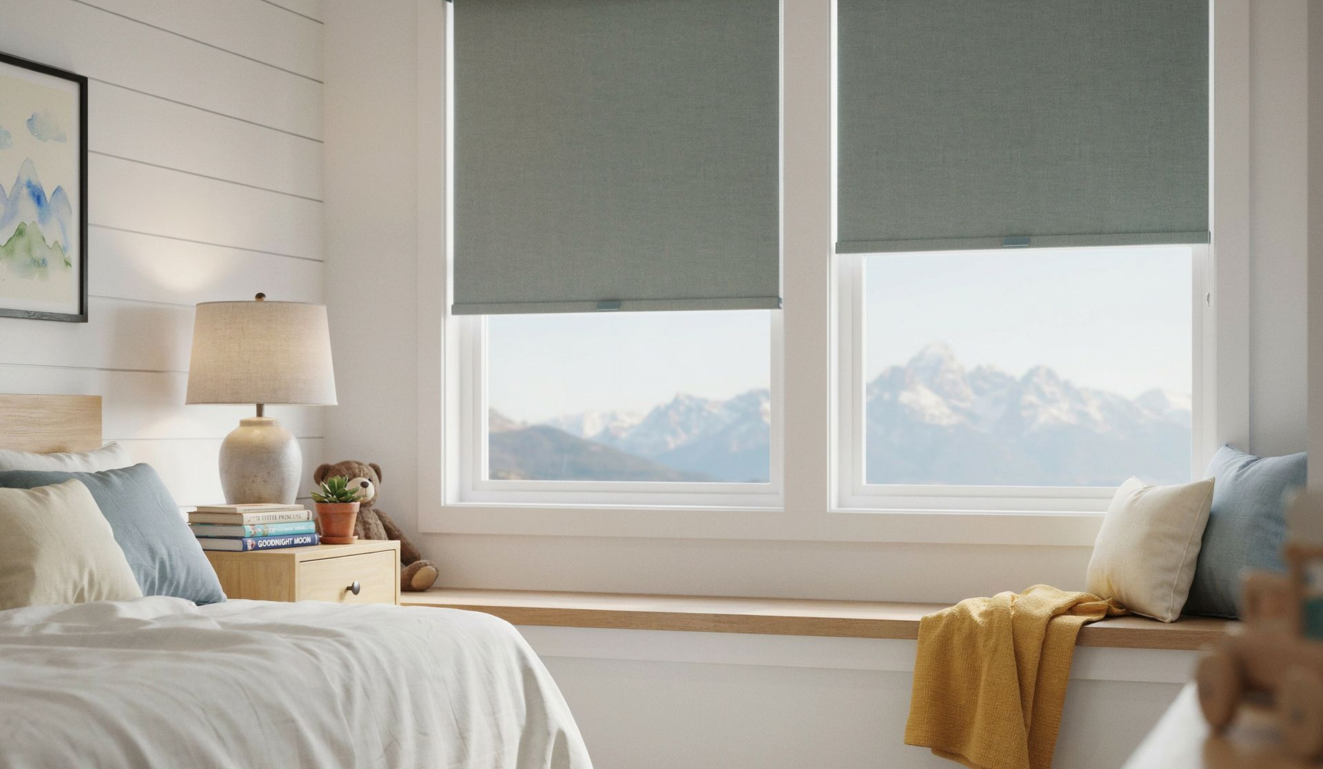 Cozy bedroom with two windows with roller shades, mountain view, white bedding, and soft neutral decor