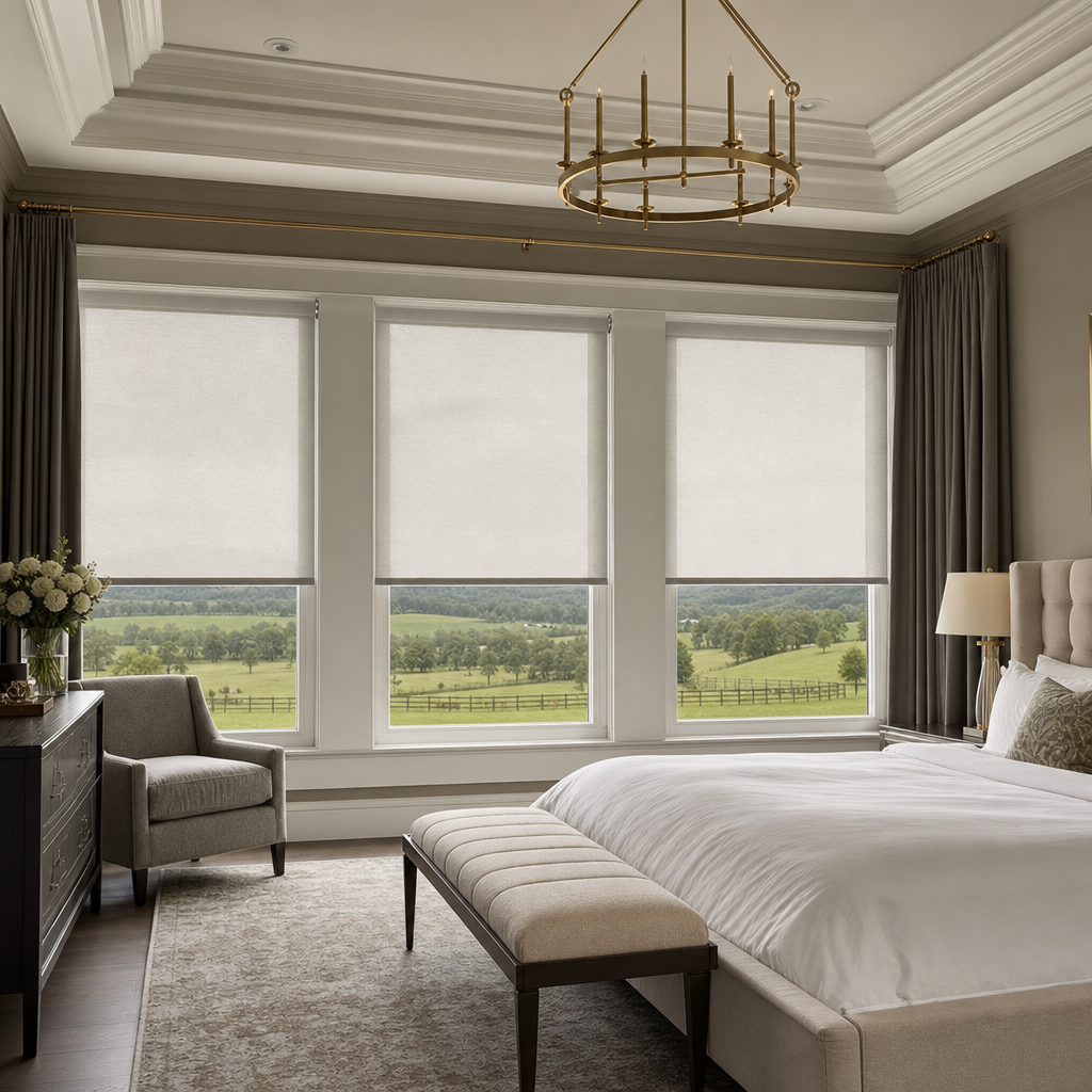 Elegant bedroom with large windows, gray tufted bench, and a view of green fields