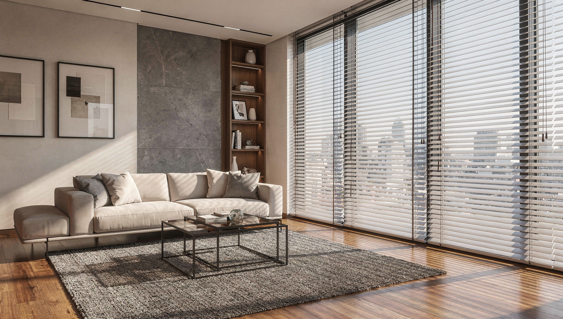 Bright modern living room with sofa, rug, wood floors, and large windows with city view