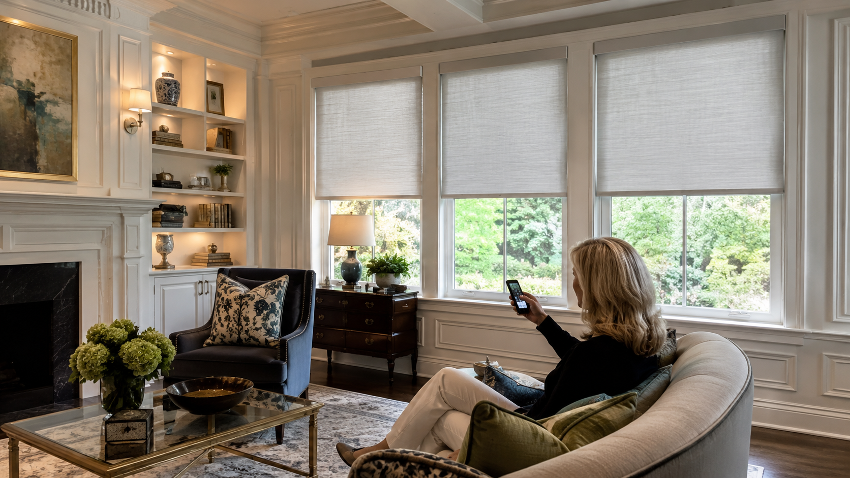 Woman sitting on a sofa in a bright living room, looking at her remote control, and raising her window treatments. 
