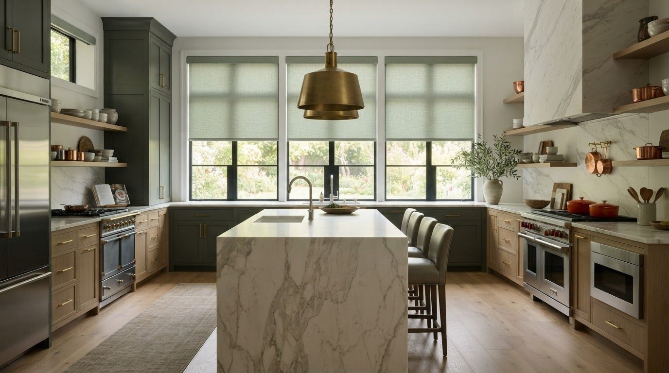 Bright modern kitchen with marble island, brass pendant light, and large windows with roller shades over a sink countertop