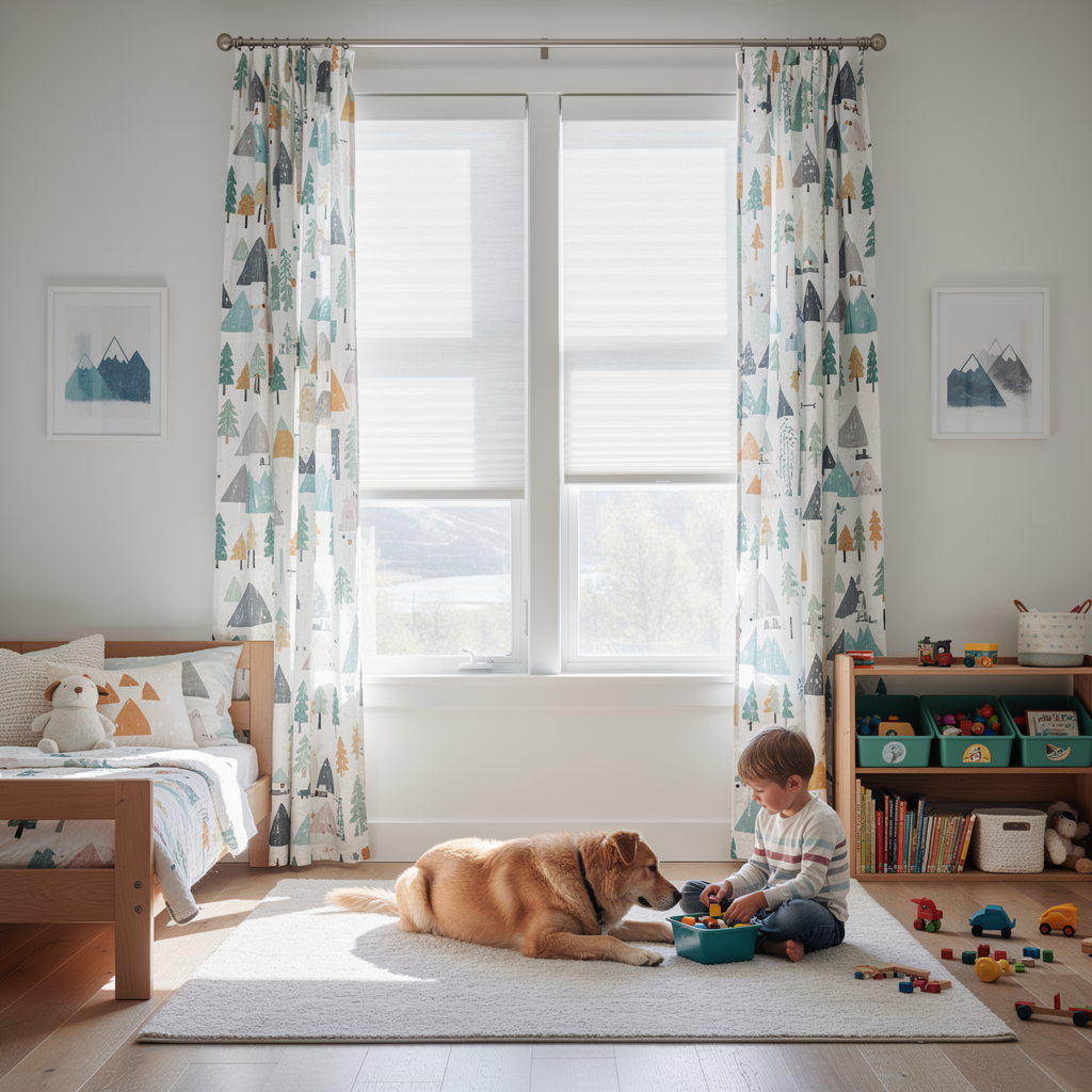 Toddler playing on a nursery floor beside a resting dog, with toys, a bed, and bright window curtains.