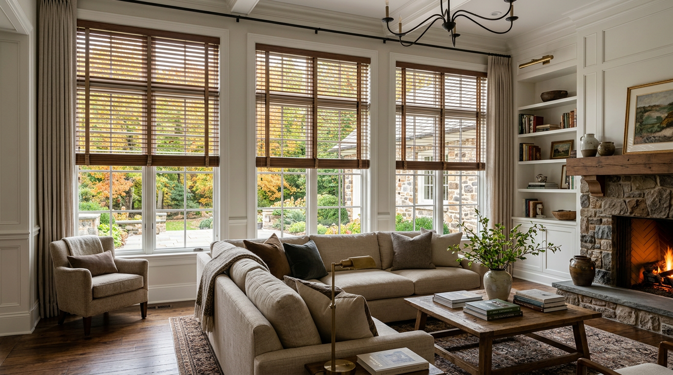 Cozy living room with large windows, beige sofas, a fireplace, and warm natural light.
