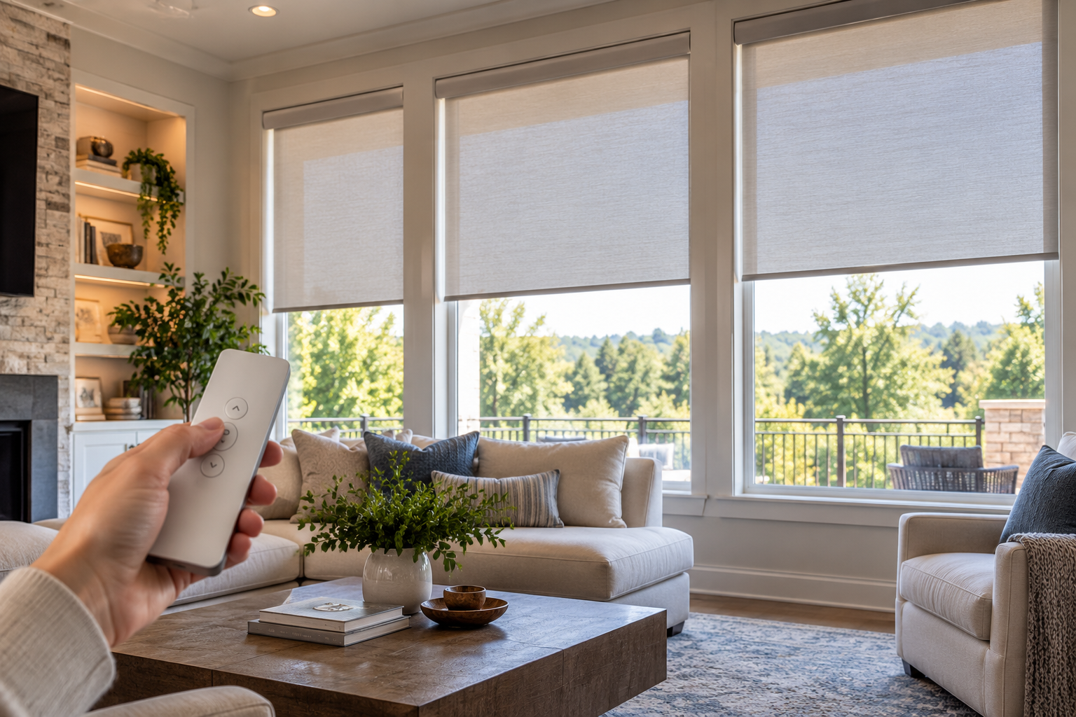 Hand holding a remote in a bright living room with large windows with solar shades.