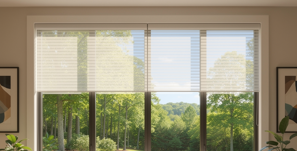 Bright living room window with white solar shades partly open, overlooking a green garden outside