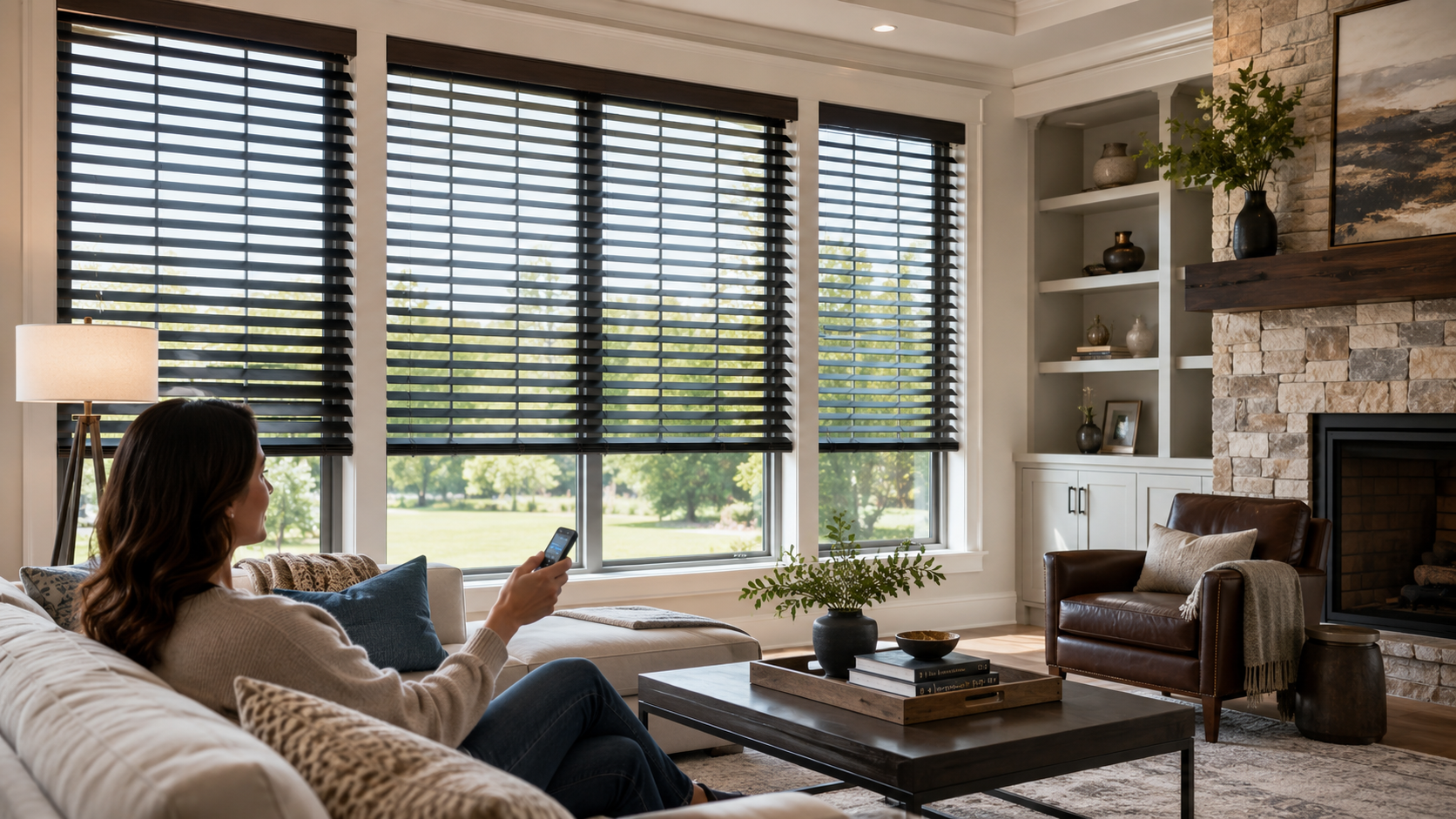 Woman relaxing on a sofa in a sunlit living room, looking out large windows with blinds.