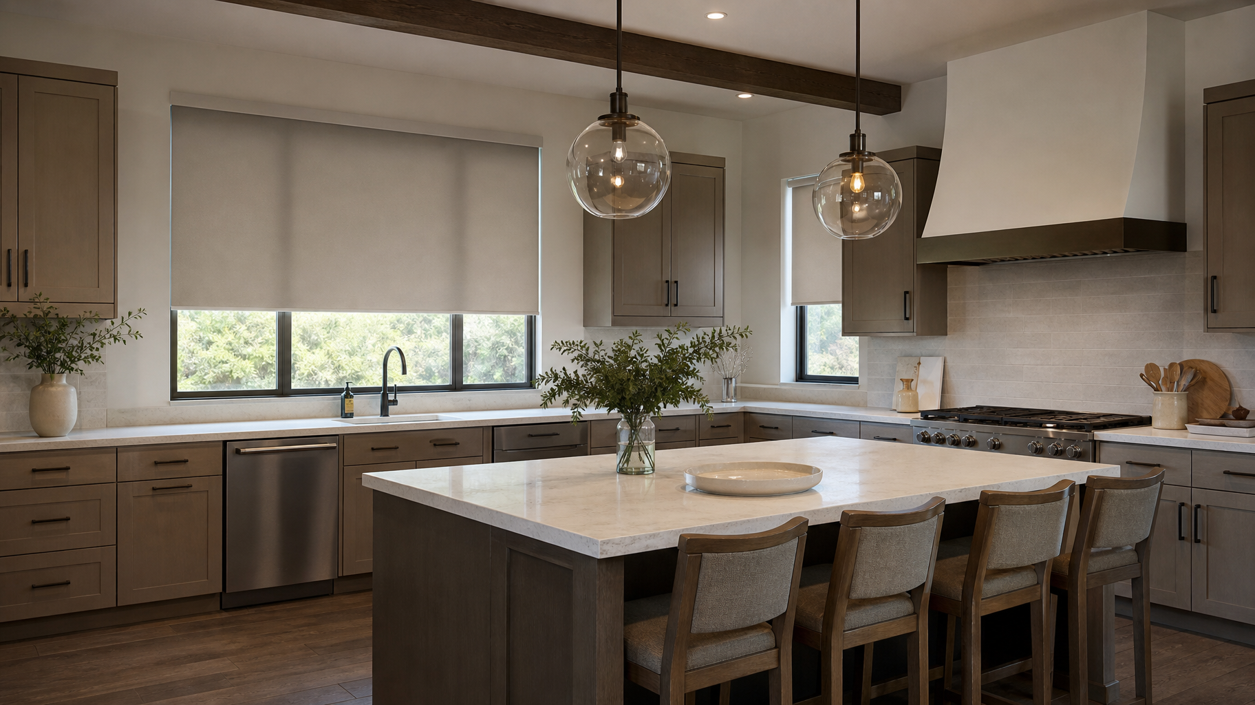Modern kitchen with large island, wood cabinets, pendant lights, and a window over the sink