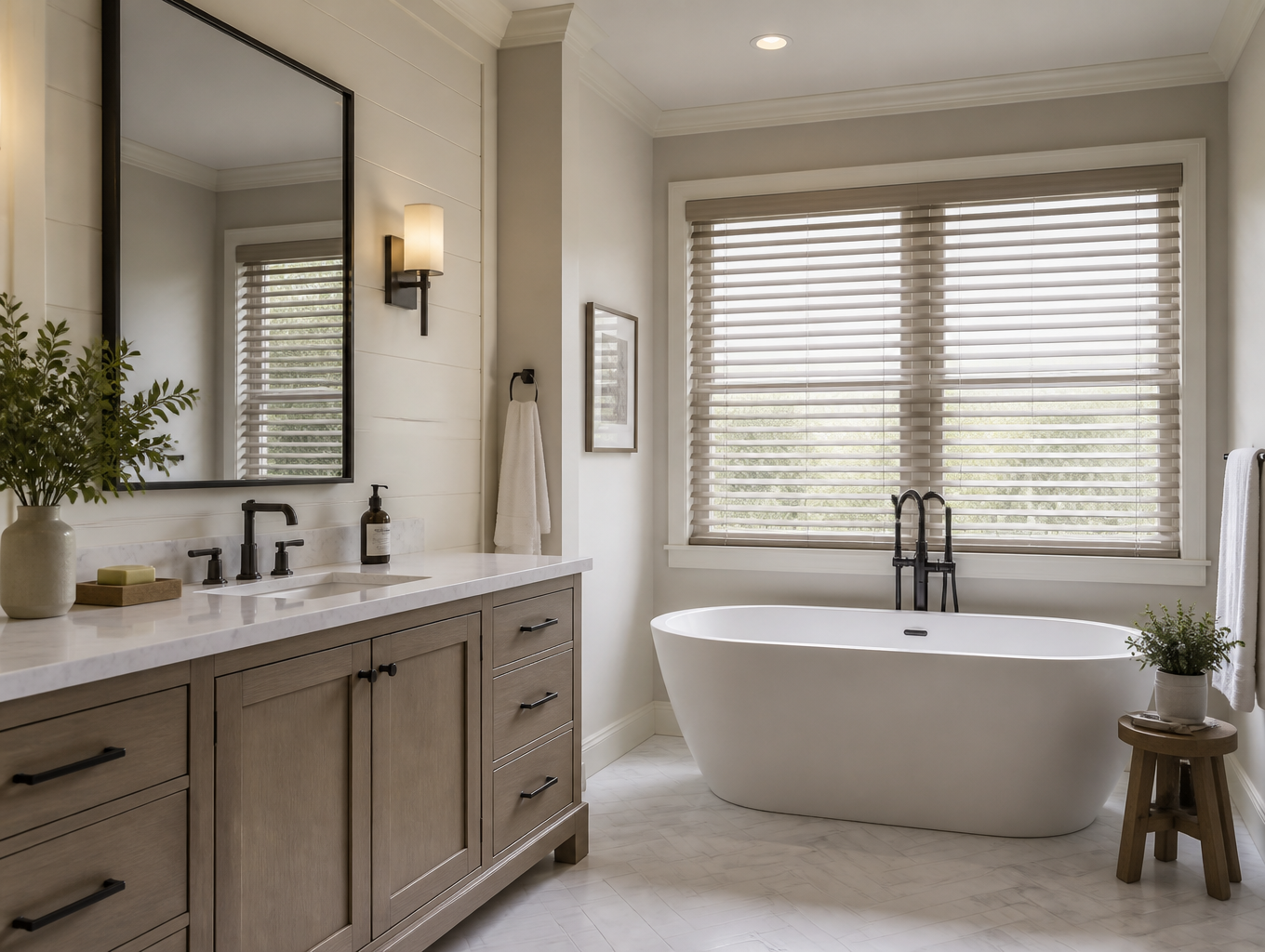 Modern bathroom with double vanity, freestanding tub, and window blinds in a neutral palette