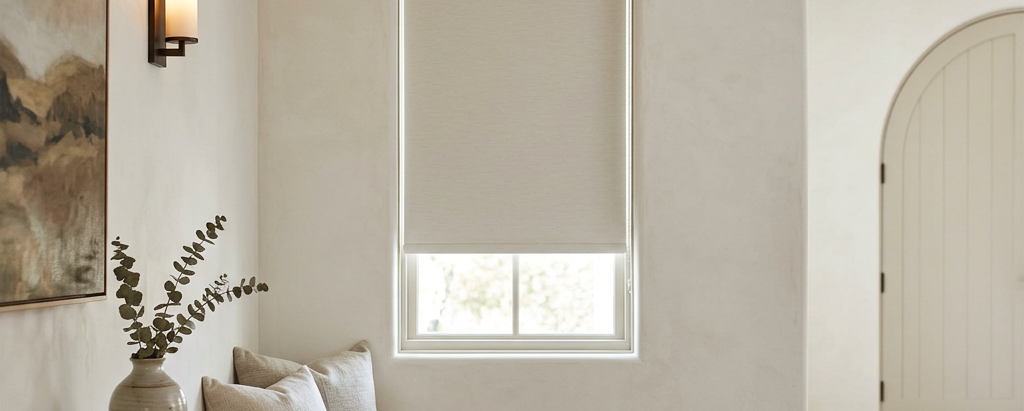 Bright minimalist room with a window, roller shades, wall sconce, framed art, and a arched doorway