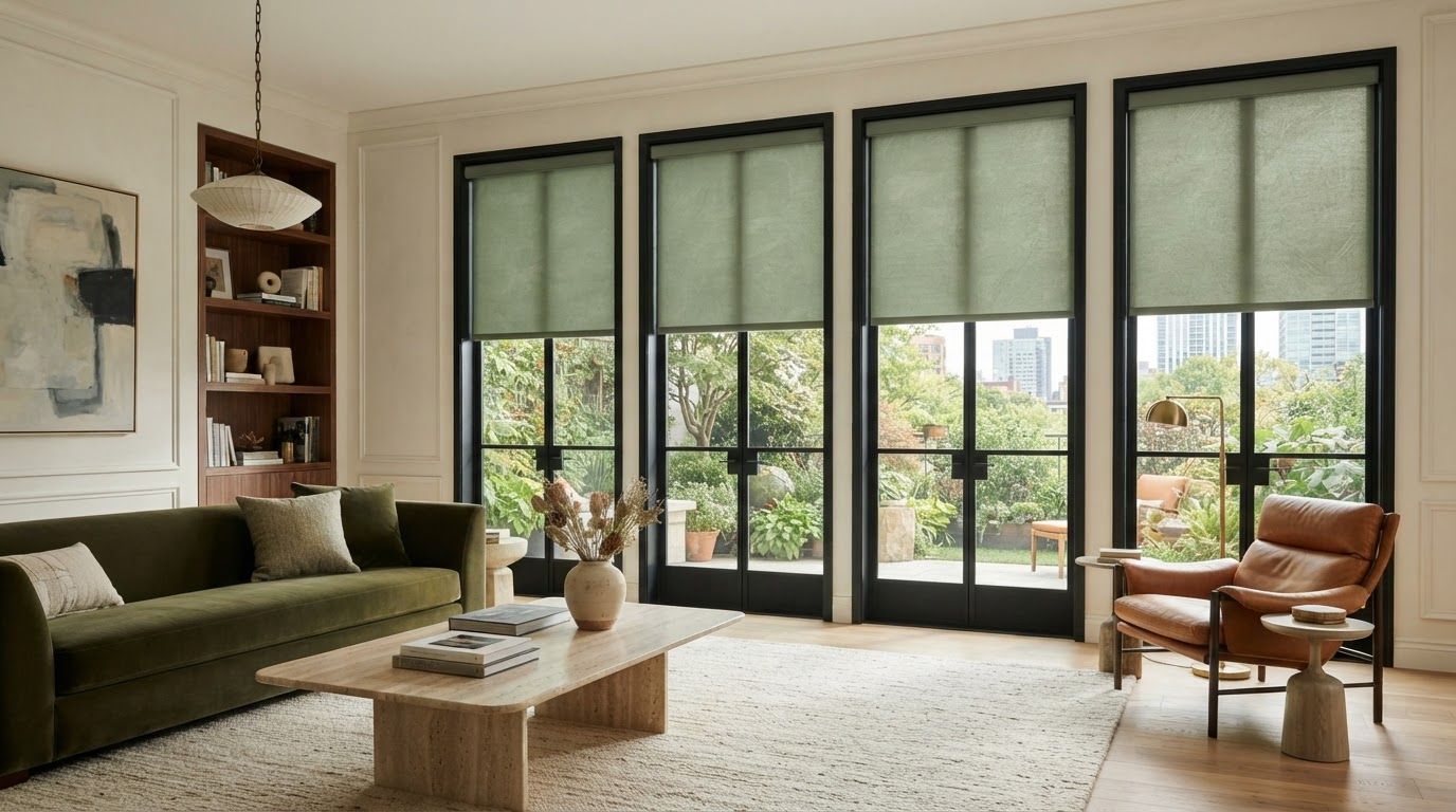 Modern living room with green sofa, leather chair, coffee table, and large windows with green roller shades