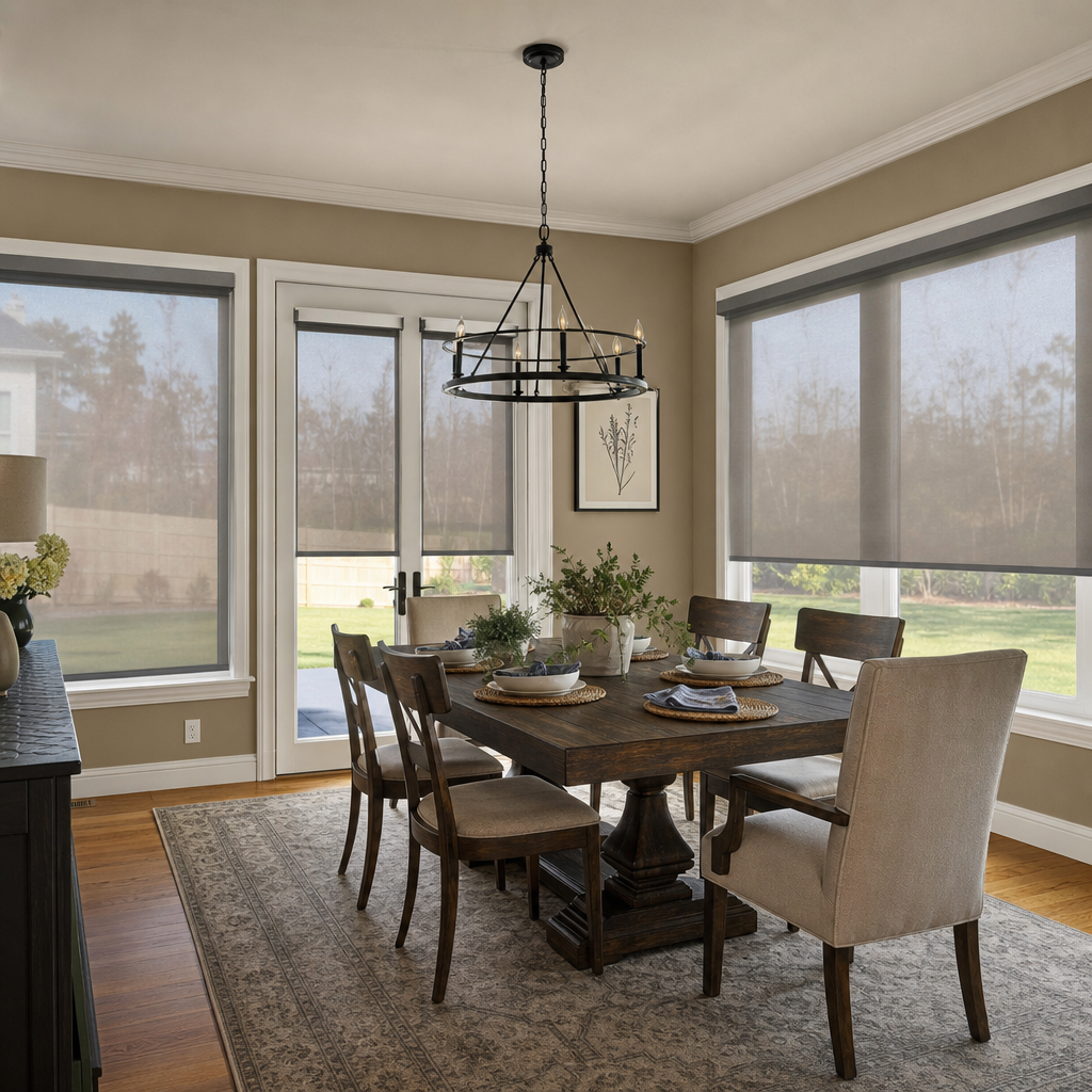 Dining room with wooden table, upholstered chairs, and large windows with solar shades and natural light.