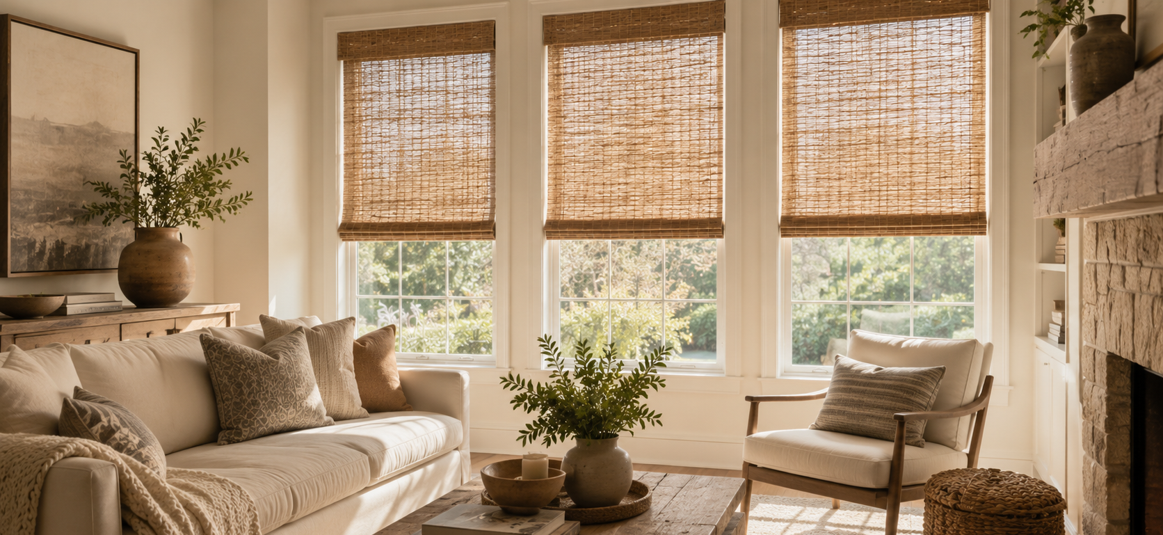 Cozy living room with beige sofa, woven blinds, fireplace, and a coffee table with plants and books