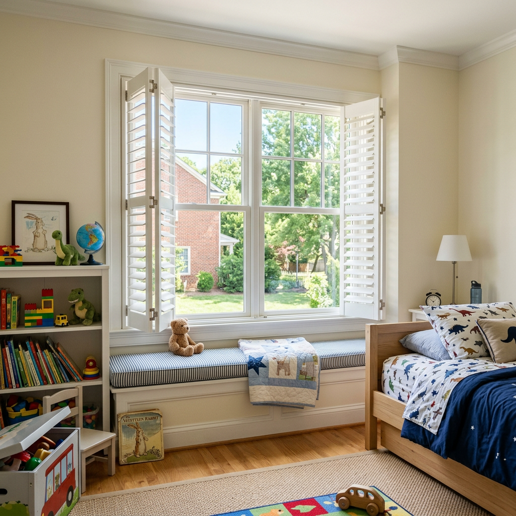 Bright child’s bedroom with open window shutters, toys, blue bed, and garden view beyond white shutters