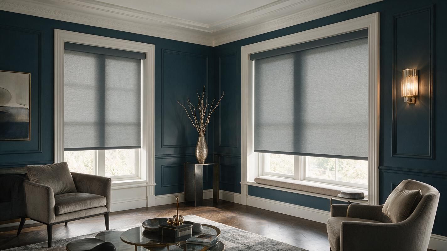 Modern living room with dark teal walls, gray sofas, large windows with roller shades, and a coffee table