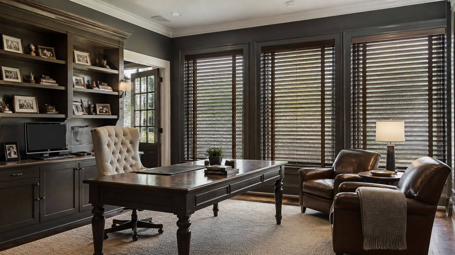 Elegant home office with wooden desk, leather chairs, bookshelves, and large windows with blinds