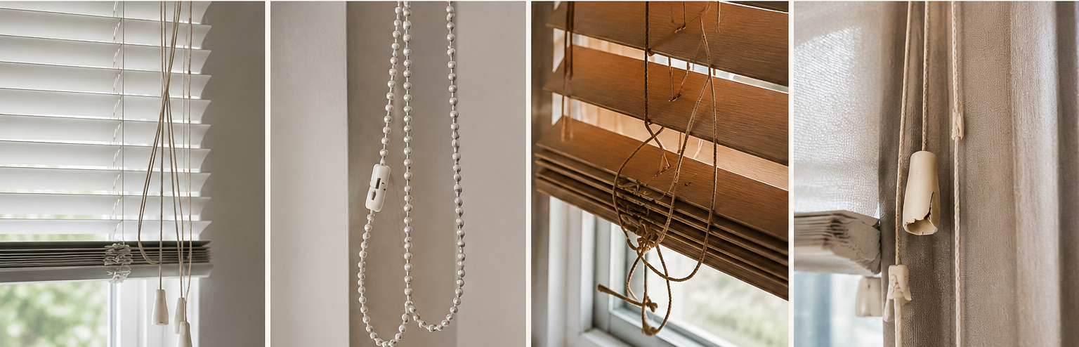 Close-up of window blinds and beaded cords in soft light, with white and brown shades.