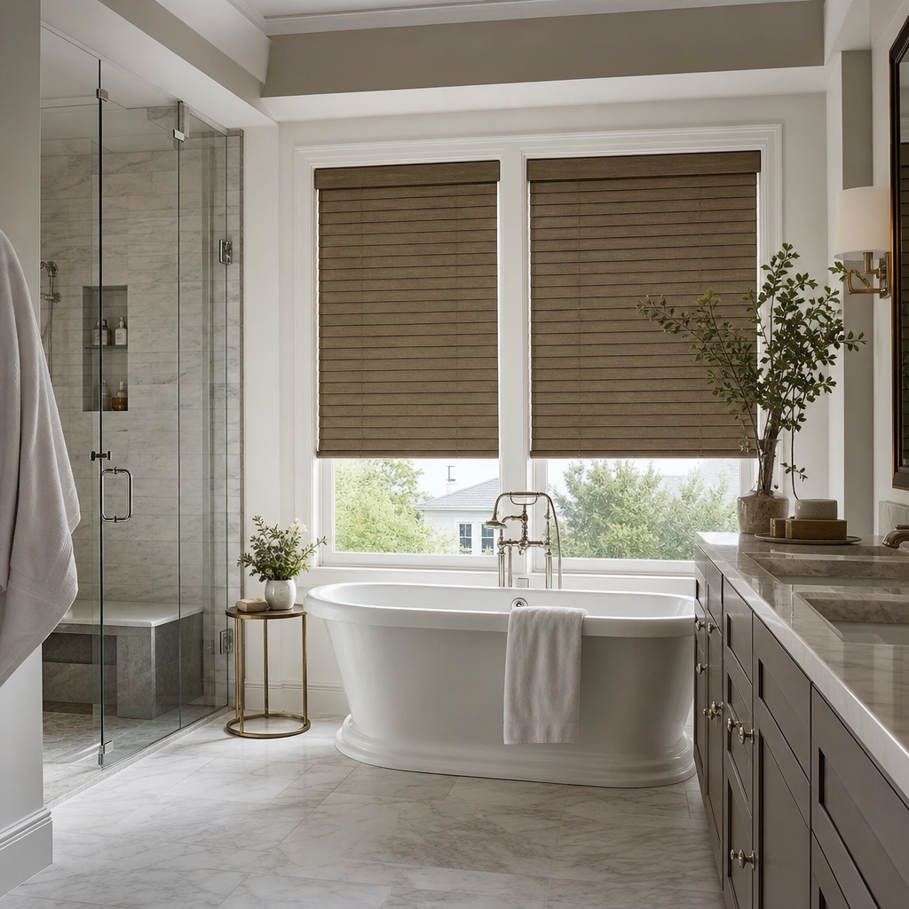 Elegant bathroom with a freestanding tub, glass shower, vanity, and windows with woven shades