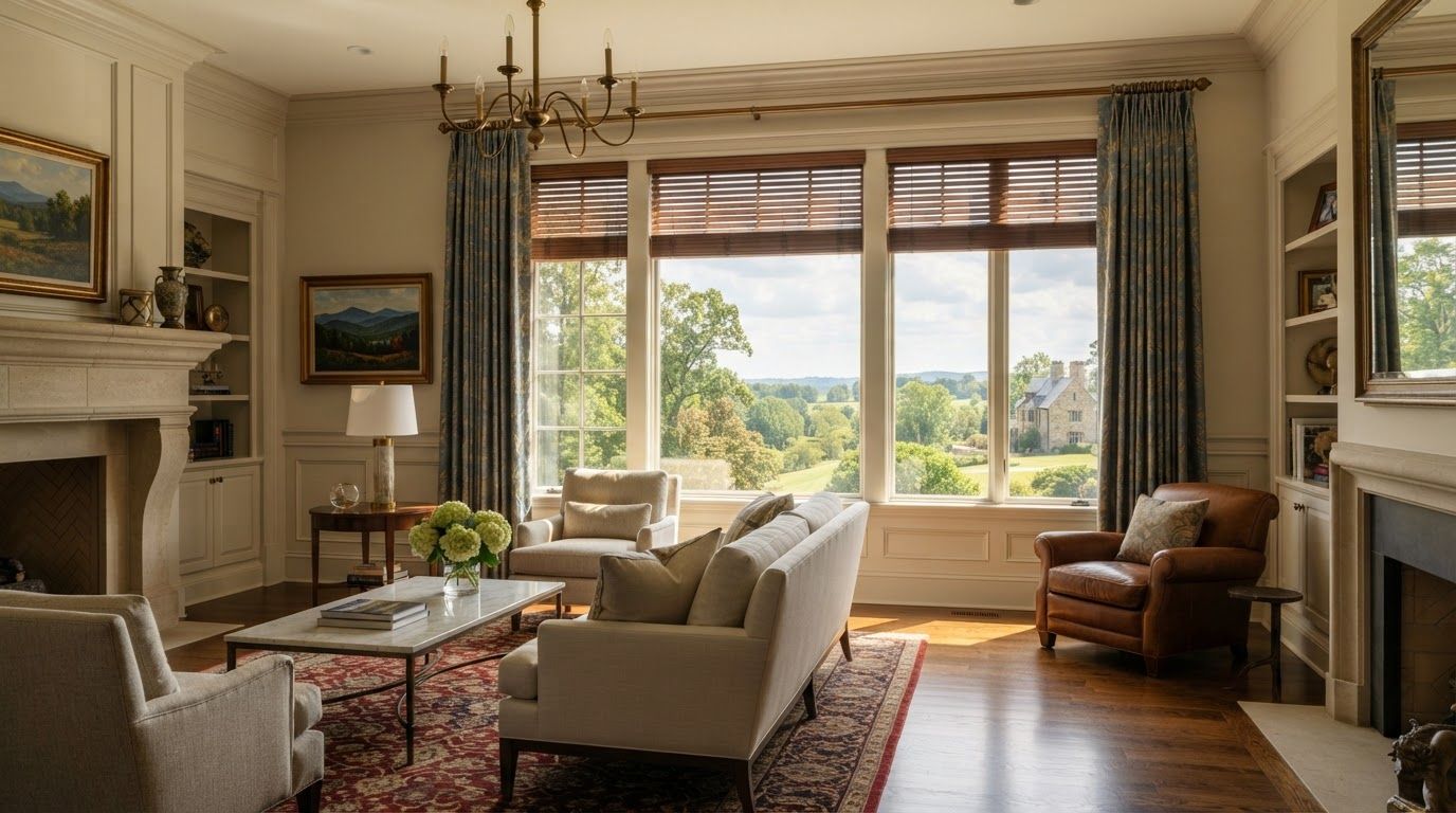 Bright living room with beige sofas, fireplace, artwork, and a large window with woven wood shades.