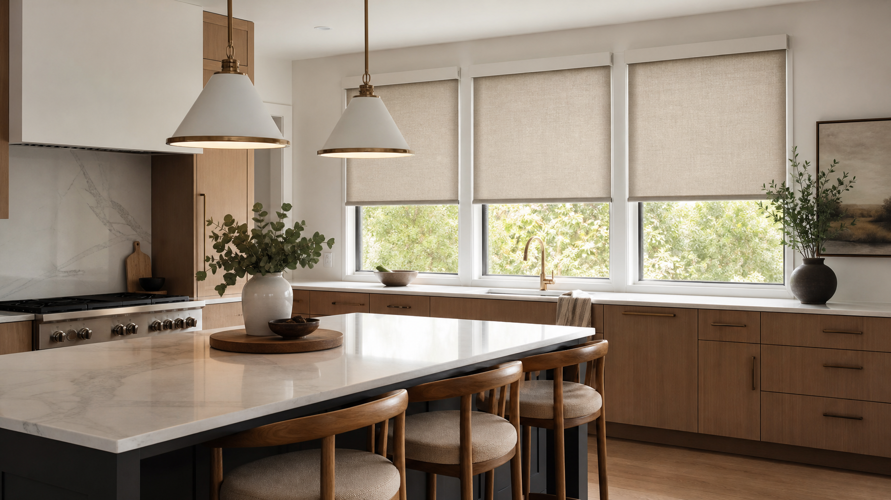 Modern kitchen with wooden island, pendant lights, and large windows with blinds.
